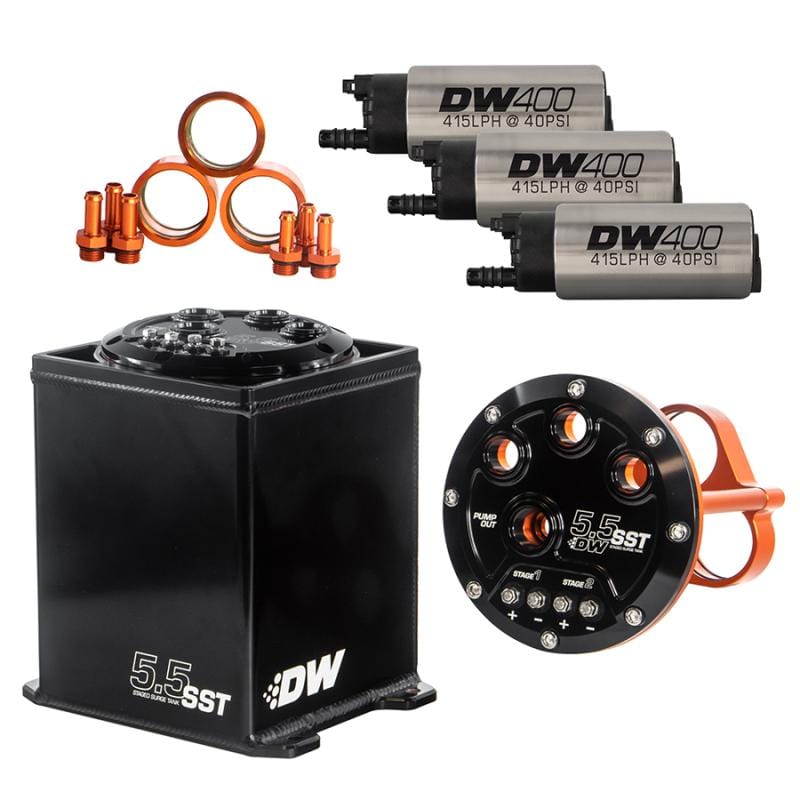 DeatschWerks 5.5L Modular Surge Tank and 3 DW400 Fuel Pumps