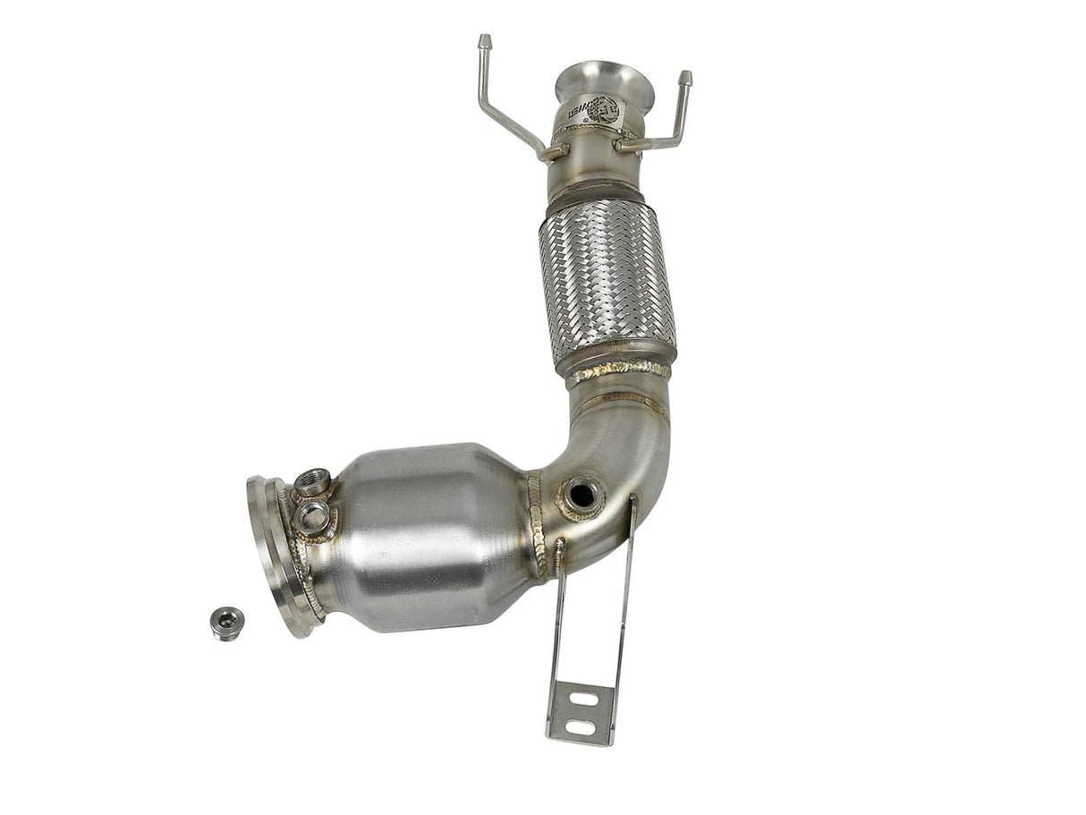 aFe Twisted Steel Down Pipe 3 to 2-3/4 IN 304 Stainless Steel w/ Cat - BMW/MINI / B46 / X1 / Cooper S / F54-57 / F60