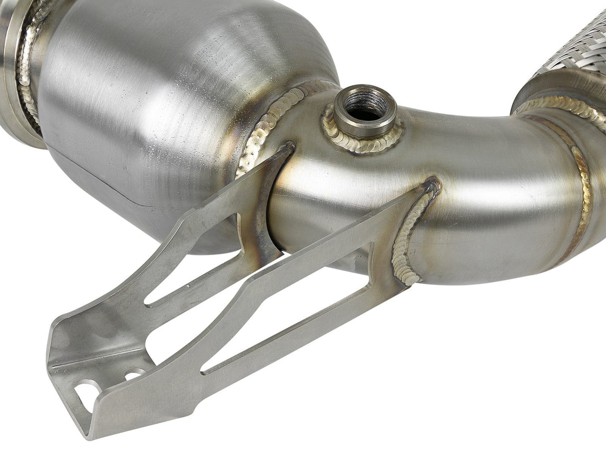 aFe Twisted Steel Down Pipe 3 to 2-3/4 IN 304 Stainless Steel w/ Cat - BMW/MINI / B46 / X1 / Cooper S / F54-57 / F60