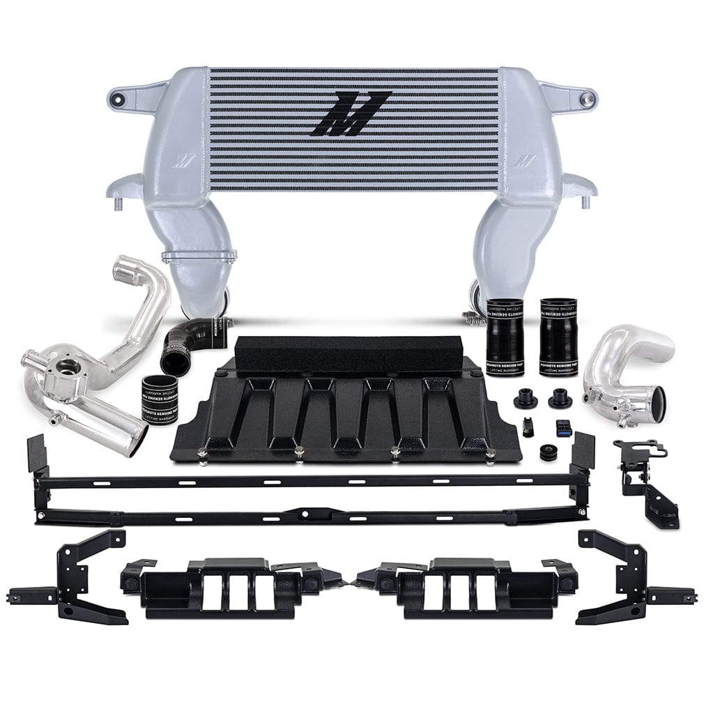 Mishimoto High-mount Intercooler Kit, 2021+ Ford Bronco 2.3L, Silver Core, Polished Pipes