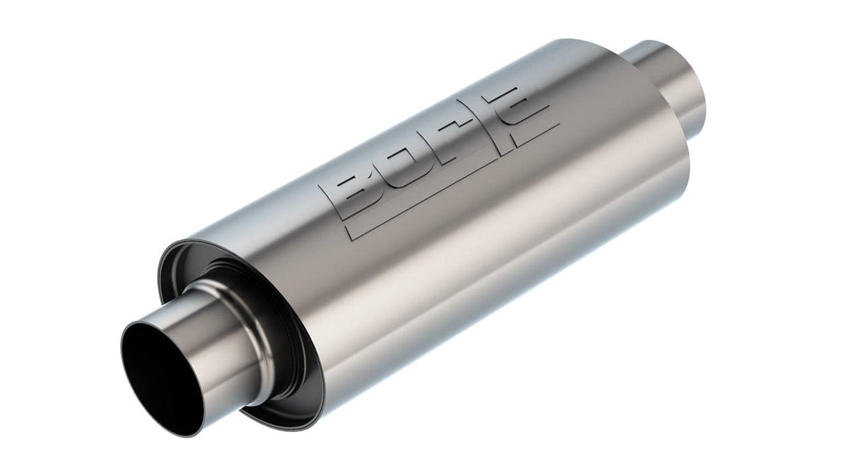 Borla Universal Muffler 5in. x 6.25in. X 13.5in. Body 18.5in. OAL 3in I.D. In/Out Brushed T-304
