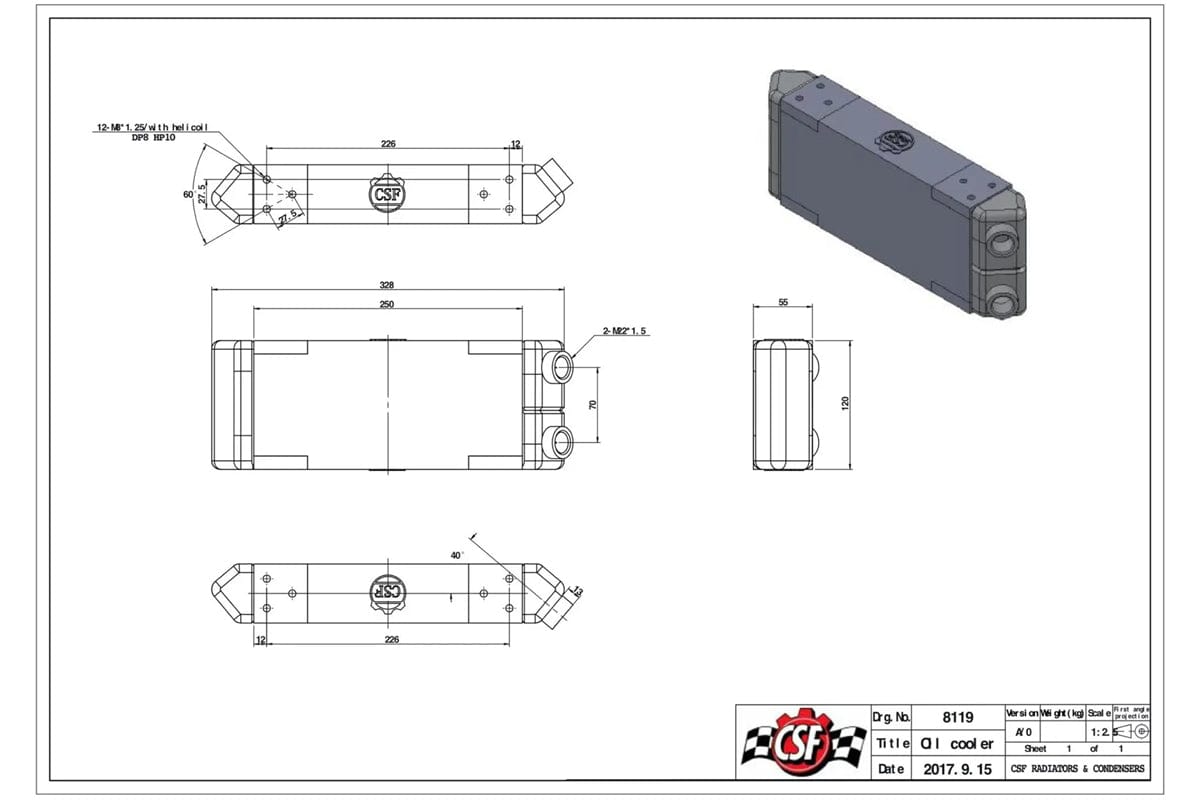 CSF Performance Universal Dual-Pass Oil Cooler - M22 x 1.5 connections - 13L x 4.75H x 2.16W