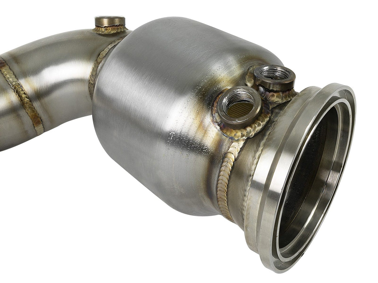 aFe Twisted Steel Down Pipe 3 to 2-3/4 IN 304 Stainless Steel w/ Cat - BMW/MINI / B46 / X1 / Cooper S / F54-57 / F60