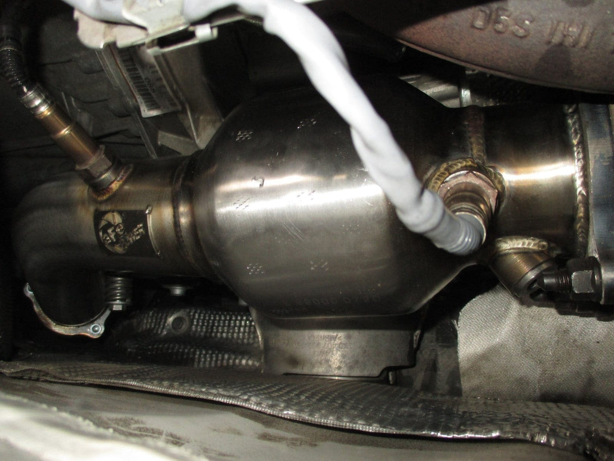 aFe Twisted Steel Down Pipe 3 IN 304 Stainless Steel w/ Cat - Audi / 2.0T / B8 / A4 / A5 / Q5